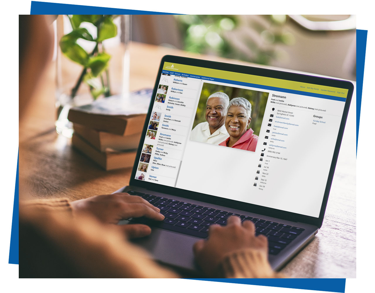 A photo of a woman using an online church directory to help community to church members efficiently.