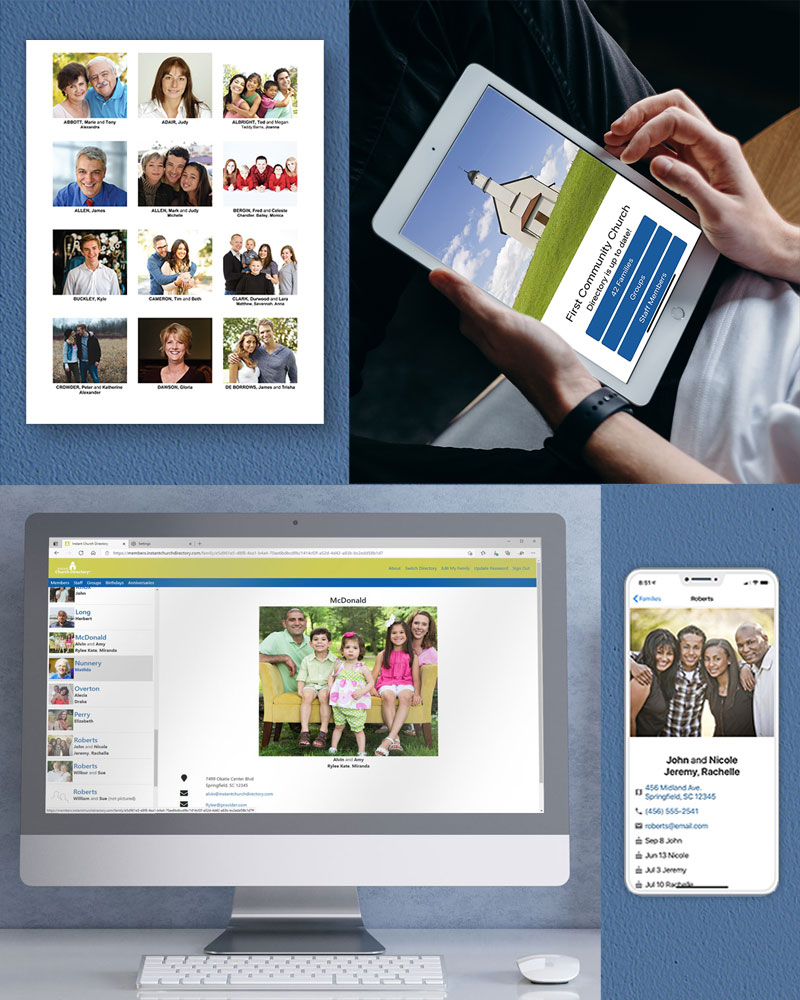 A photo image of various options for members to utilize Instant Church Directory through mobile apps, laptops, iphones and ipads.